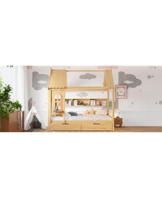 Full House Beds with Storage Drawers and Window, Solid Wood Platform Bed Frame