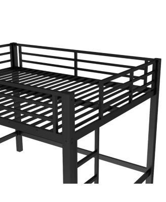 Queen Size Metal Loft Bed with Ladder and Guardrails