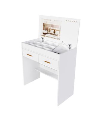 Flip Top Vanity Desk with LED Mirror & Outlet
