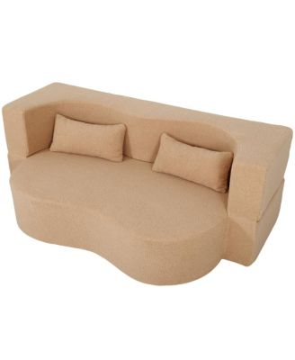 2-in-1 Convertible Sofa Bed, Full Size Folding Loveseat Couch with Teddy Fabric, Apricot