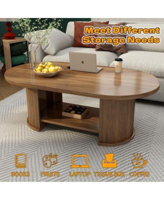 Oval Fluted Coffee Table, 47" Farmhouse Wood, Mid-Century 2-Tier with Storage
