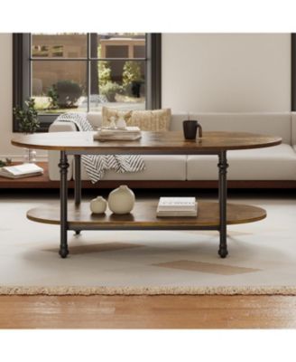 Farmhouse Oval Coffee Table, 2 Tier Center Table with Open Storage, Modern Industrial Tea Table