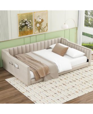 Full XL Size Upholstery Daybed and Side Storage pocket,Beige