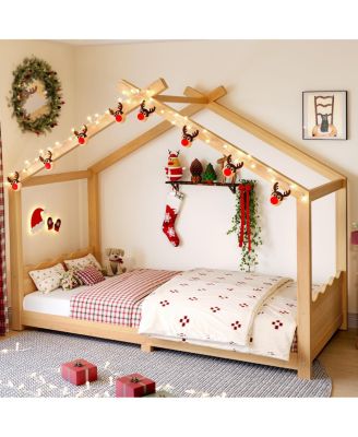 Twin House Floor Bed with Slats, Solid Wood House Bed Frame for Kids