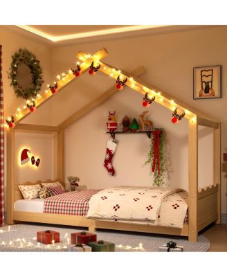 Twin House Floor Bed with Slats, Solid Wood House Bed Frame for Kids