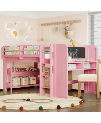 Twin Loft Bed with Multi-storage Bookcases, Boxes, Drawers, Desk, Blackboard