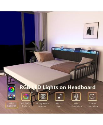 Daybed with Trundle, Metal Twin Bed Frame with Headboard & Charging Station