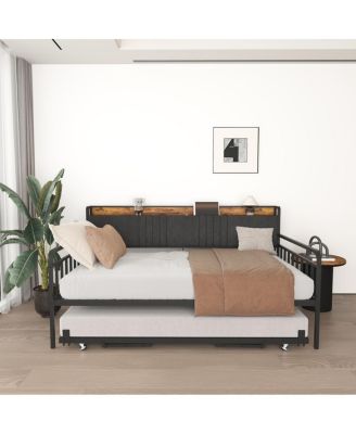 Daybed with Trundle, Metal Twin Bed Frame with Headboard & Charging Station