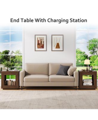 Rustic Wood End Table, 2 Tiered Square Side Table with Storage Shelf