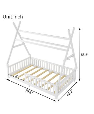 Twin House Bed with Light, Low Floor House Bed with Fence and Roof