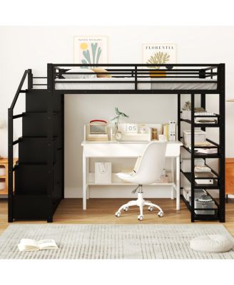 Metal Loft Bed with Storage Shelves, Cabinets and Wardrobe