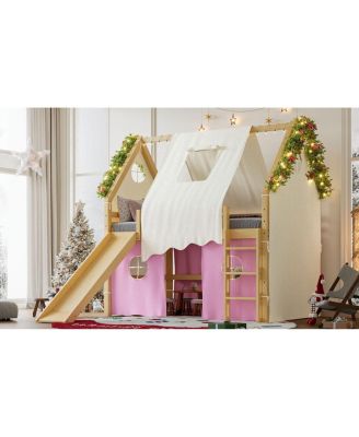 Full Size House Loft Bed with Sills, Tents, Lights, Slide