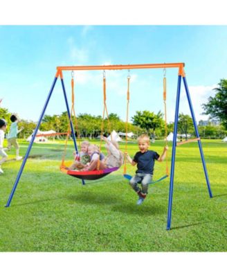Backyard Swing Set, 440 lbs Load Capacity, A-Frame Metal Swing Stand with Saucer Swing Seat and Belt Swing Seat, Adjustable Rope