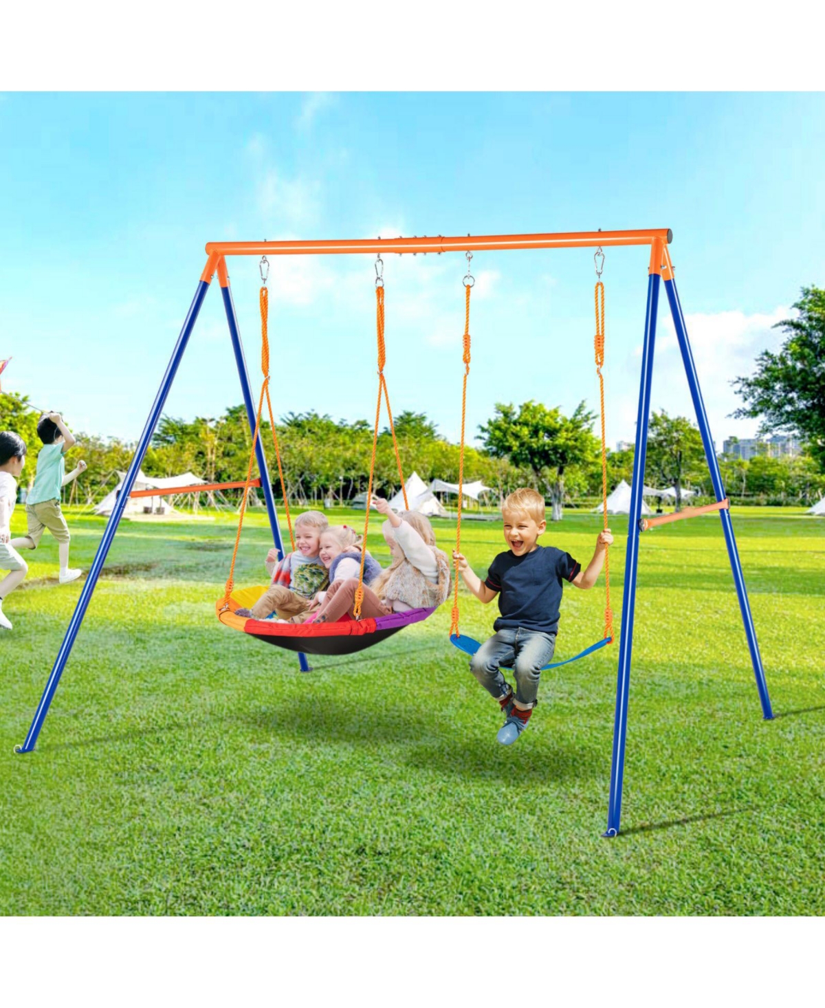 Mecale Backyard Swing Set, 440 lbs Load Capacity, A-Frame Metal Swing Stand with Saucer Swing Seat and Belt Swing Seat, Adjustable Rope