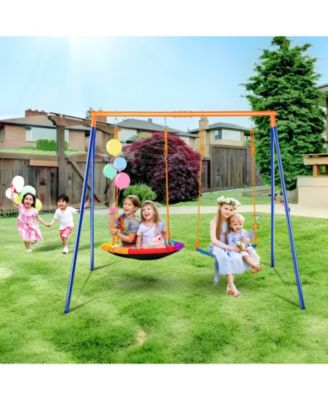 Backyard Swing Set, 440 lbs Load Capacity, A-Frame Metal Swing Stand with Saucer Swing Seat and Belt Swing Seat, Adjustable Rope