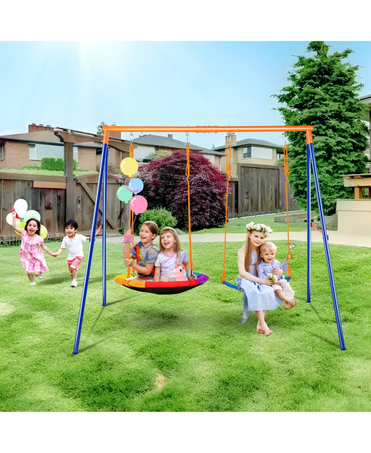 Mecale Backyard Swing Set, 440 lbs Load Capacity, A-Frame Metal Swing Stand with Saucer Swing Seat and Belt Swing Seat, Adjustable Rope