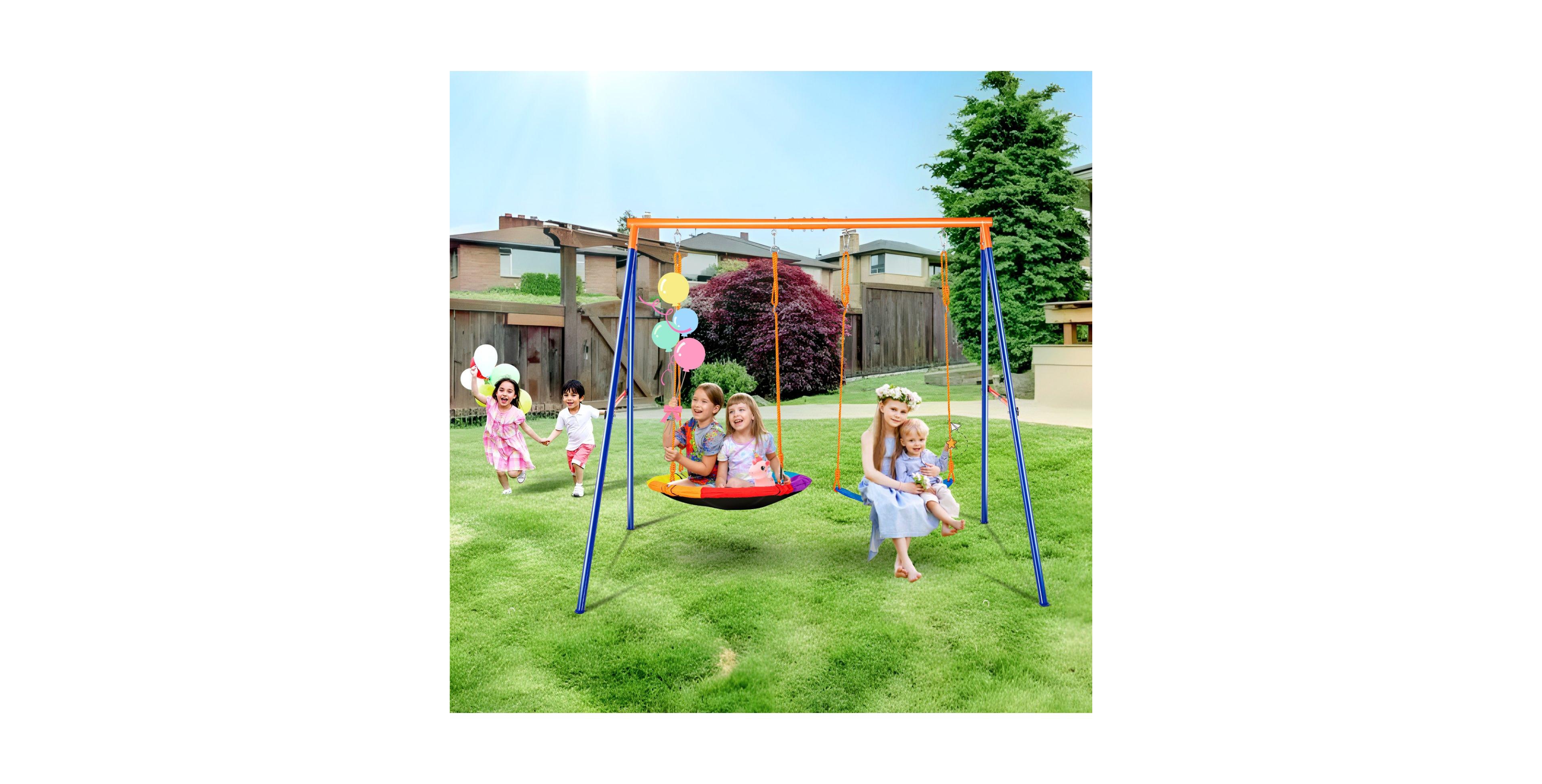 Mecale A-Frame Metal Backyard Swing Set with Adjustable Ropes, 440 lbs, Ages 3+