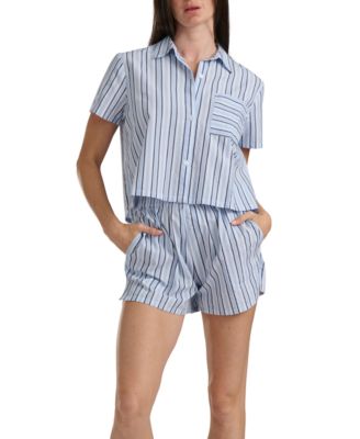 Women's Cropped Button Down Shirt and Boxer Shorts, 2-Piece Set