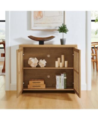 Mid Century Modern Rattan Sideboard Buffet Cabinet with 2 Outlets, Natural