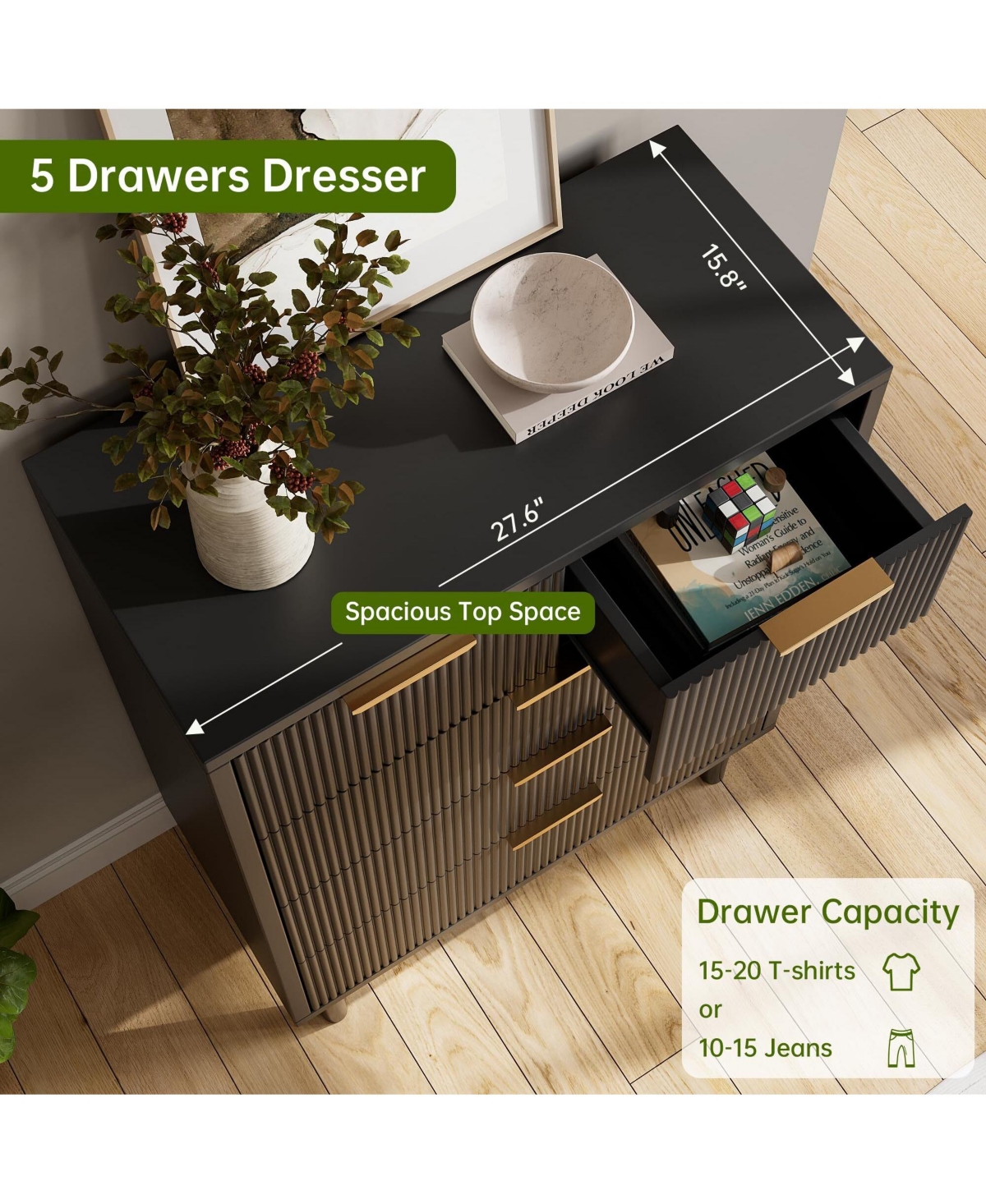 Gaomon Wave Fluted 5 Drawer Dresser, 38'' Tall Chest of Drawers with Anti-Tipping Device