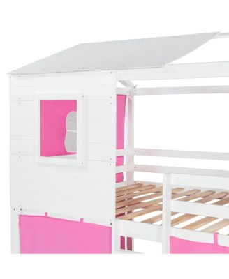 Full Size Bunk Wood House Bed with Tent
