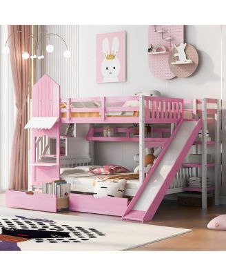 Full-Over-Full Castle Style Bunk Bed with 2 Drawers 3 Shelves and Slide