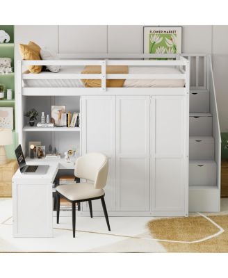 Full Size Loft Bed with Wardrobe, Desk and Shelves