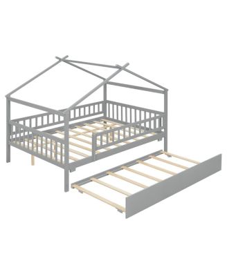 Full Size Wooden House Bed with Twin Size Trundle