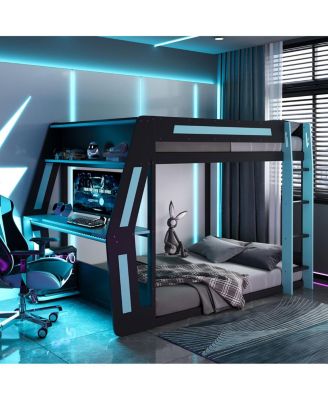 Full-Size Gaming Bunk Bed with RGB Desk, USB Ports, LED Strip & Cable Grommet