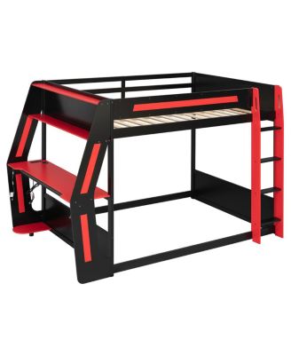 Full-Size Gaming Bunk Bed with RGB Desk, USB Ports, LED Strip & Cable Grommet