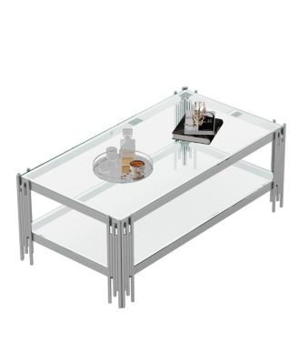 Double Layer Tempered Glass Coffee Table with Mirror Stainless Steel Frame