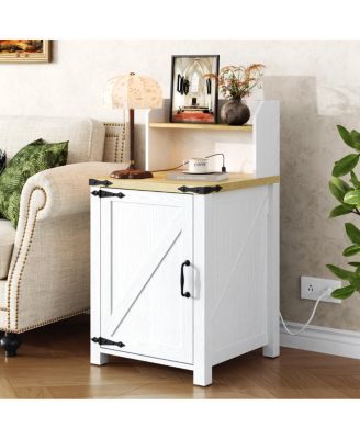  Farmhouse Barn Door Nightstand with Charging Station