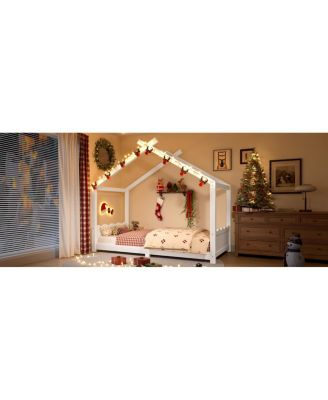 Twin House Floor Bed with Slats, Solid Wood House Bed Frame for Kids, White