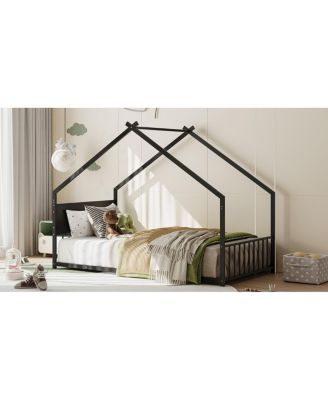 Streamdale Twin Size House Bed with Roof & Lights, Metal Frame, No Box Spring (Black)