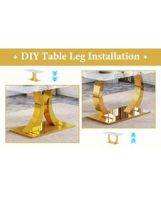 Streamdale Marble patterned glass dining set with gold decor: 63" table + 6 chairs