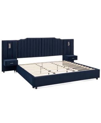 King Size Velvet Upholstered Bed Frame with Vertical Stripes & Headboard