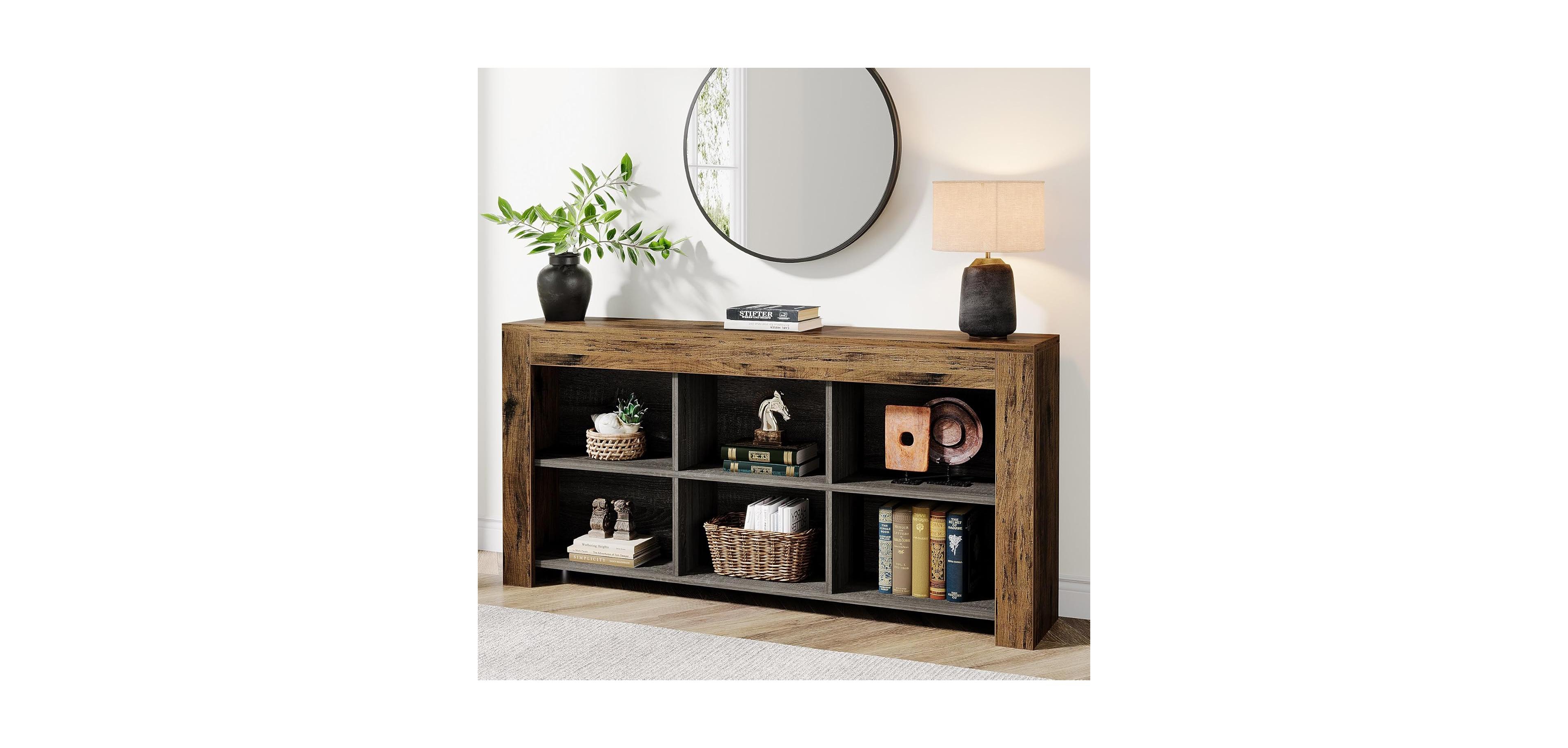 Tribesigns 63-Inch Long Console Table, Rustic Wood Entryway Table with 6 Storage Cubes, Industrial Narrow Sofa Behind Couch