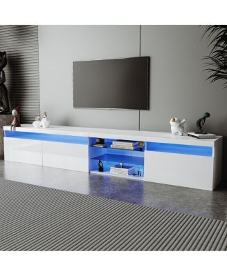 Design TV Stand w/ 2 Glass Shelves, Storage, LED Lights
