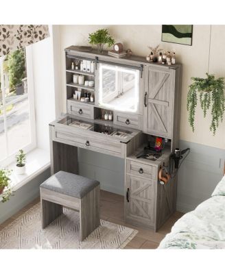 Farmhouse Vanity Desk with Sliding Mirror, Lights, Charging