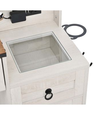 Farmhouse Vanity Desk with Sliding Mirror, Lights, Charging
