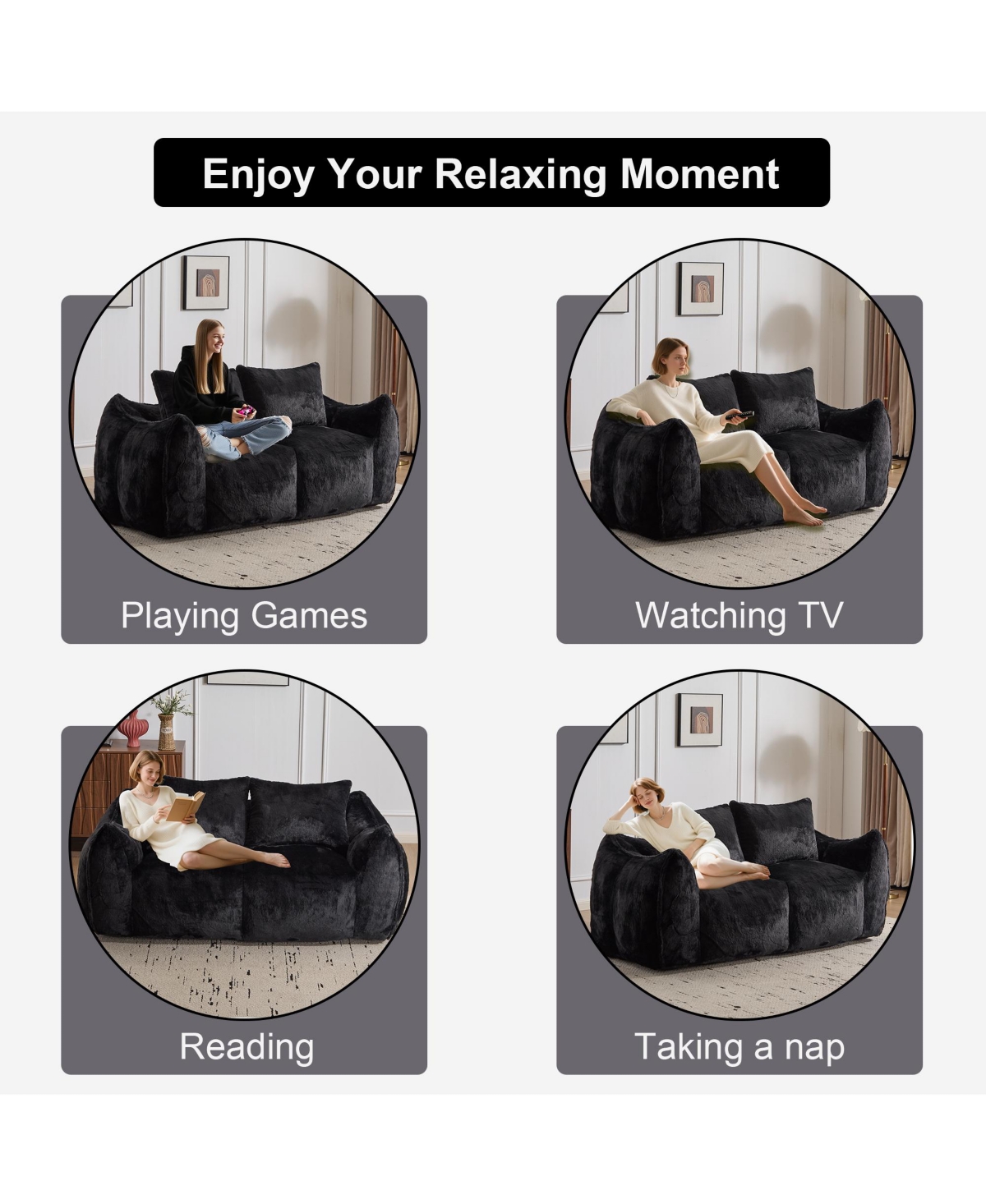 Cesicia Ergonomic Bean Bag Sofa Loveseat for Adults, Ultra Soft Fluffy Chase Lounge Chair Living Room Bedroom, No Assembly Required with Pillows