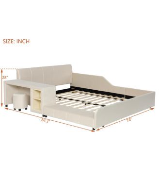 Upholstered Grounded Bed with Bedside Desk & Stool