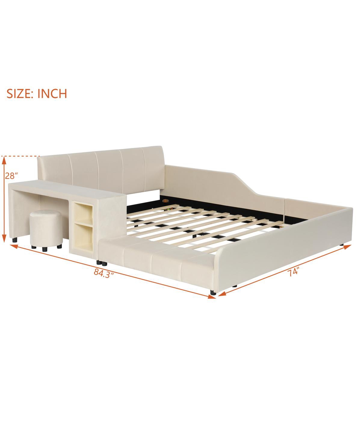 Streamdale Furniture Upholstered Grounded Bed with Bedside Desk & Stool