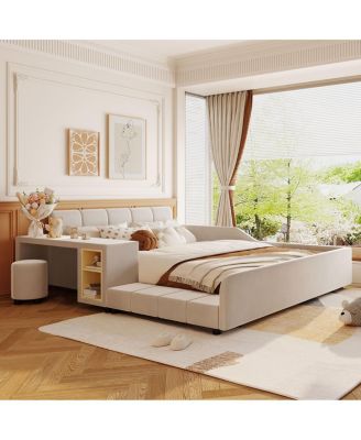 Upholstered Grounded Bed with Bedside Desk & Stool