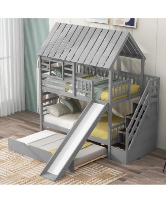 Twin over Twin House Bunk Bed with Trundle, Slide, Stairs, Roof, Window
