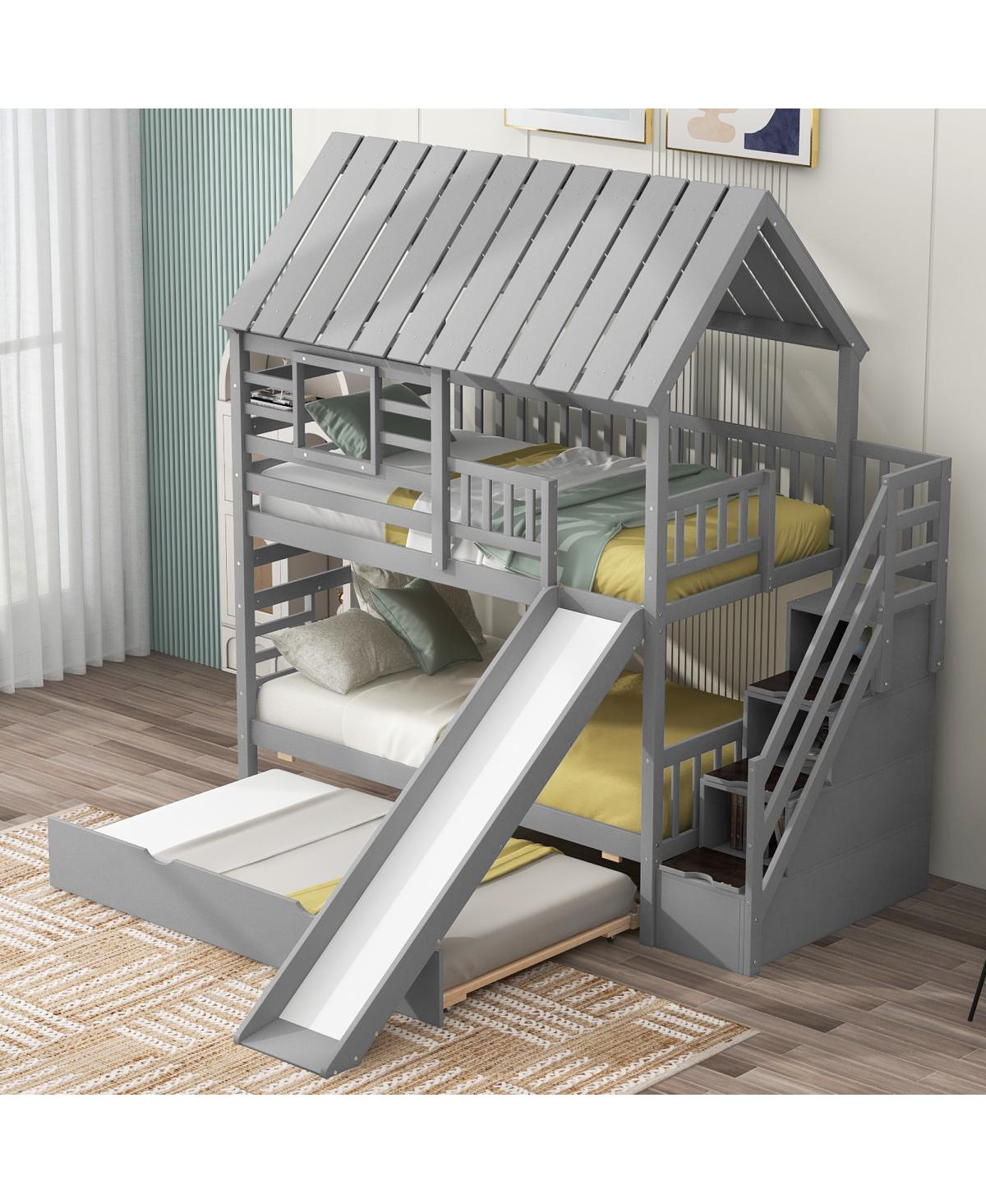 Streamdale Furniture Twin over Twin House Bunk Bed with Trundle, Slide, Stairs, Roof, Window