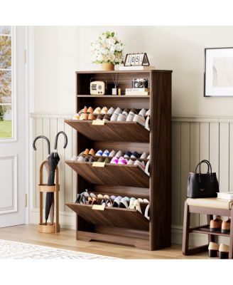 Walnut Shoe Cabinet with 3 Flip Drawers, 31.6" L x 9.6" W x 54.4" H