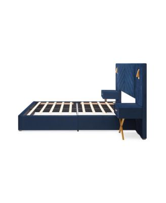 Queen Velvet Bed Frame with Wingback Headboard, No Box Spring Needed