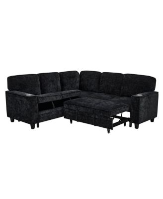 L-Shaped Sofa Bed with Storage & USB, Charcoal Gray