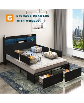 Full Bed Frame with 6 Storage Drawers, Headboard, LED & Charging Station